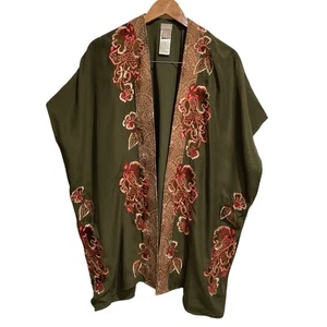 Chico's Floral Embroidered Open Front Ruana size L/XL Olive Green - Picture 1 of 10