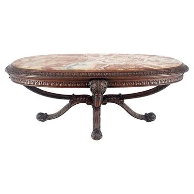 Mesa de centro oval esculpida muito fina tampo de mármore vermelho regência renascimento estado perfeito - Imagem 1 de 4