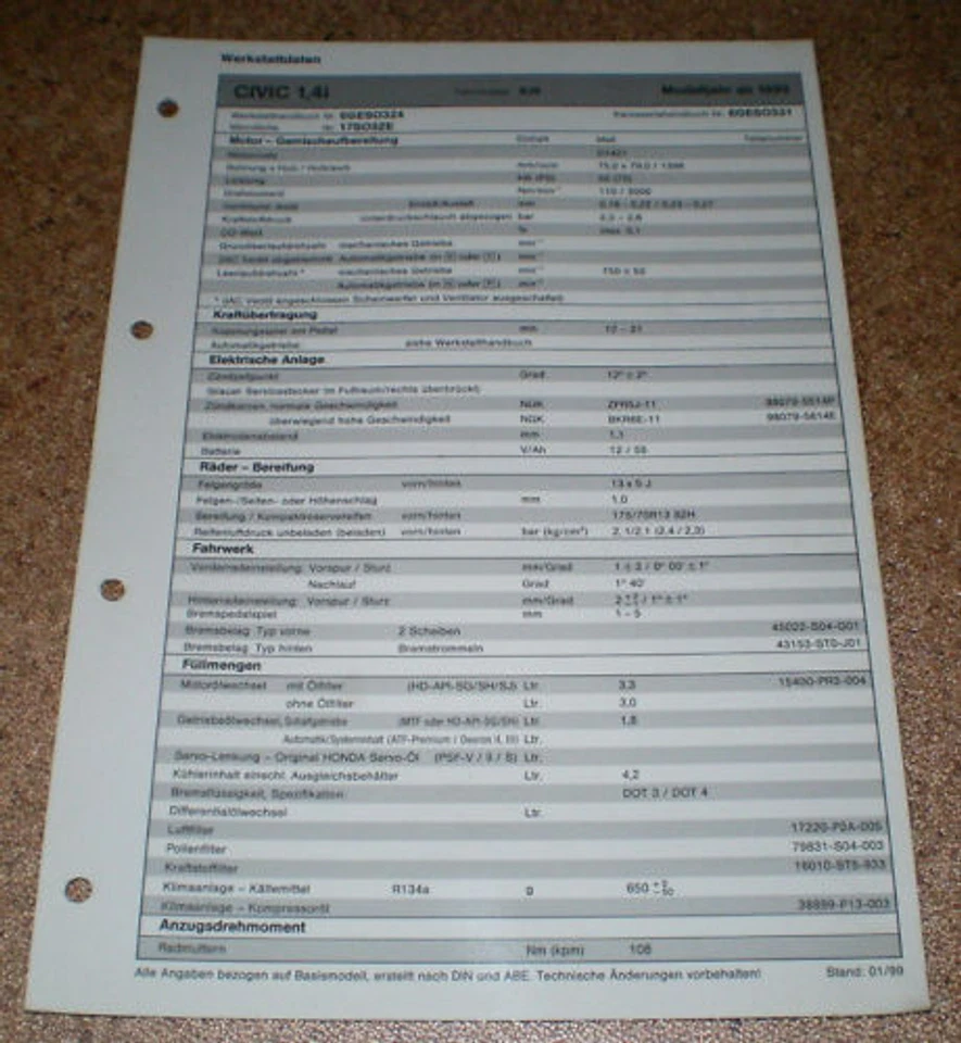 Hoja De Inspección Honda Civic 1,4i - A Partir Del Año De Modelo 1999! - Imagen 1 de 1