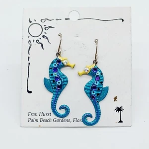 Bright Multi Color Seahorse Dangle Drop Hook Pierced Earrings-Enamel-Beach - Picture 1 of 3