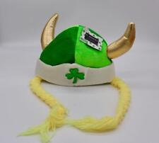 St. Patricks Day Irish Cosplay Shamrock Viking Hat W Braids & Gold Horns NEW TAG