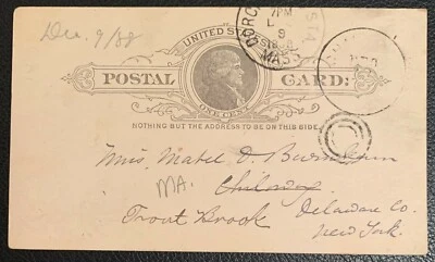 1888 UNITED STATES POSTAL CARD UX9 DORCHESTER MA FRONT BROOK DELAWARE CO NY VF - Image 1 of 2