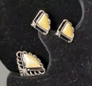Vintage Art Deco Markasit Onyx Fächer Stil Clip On Ohrringe und Anstecknadel Brosche Avon - Bild 1 von 4