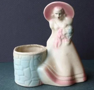 Victorian Lady Dress Bonnet Holding Flowers USA Pottery Planter Vase Vintage --- - Picture 1 of 1