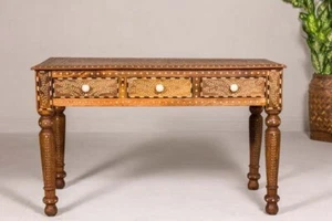 Anglo Indian Style Mango Wood Console or Desk with Three Drawers and Bone Inlay - Picture 1 of 19