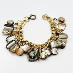 Abalone Charm Bracelet Chunky Clunky Colorful Gold Tone Vintage 1980s Bracelet - Picture 1 of 24