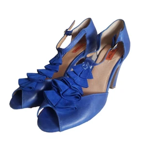 Miz Mooz T Strap Ruffle Pump Women's Size 9.5 Blue Leather Peep Toe Retro Style - Picture 1 of 11