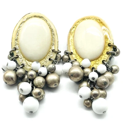 Beaded Dangle Cluster Earrings Clip On Ceramic Center Mixed Metal Tone Classic - Image 1 of 4