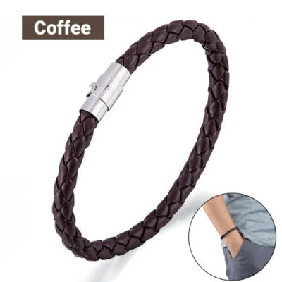 Brazalete brazalete con hebilla magnética de acero inoxidable para hombre cuerda de cuero trenzado marrón Foto 1 de 4