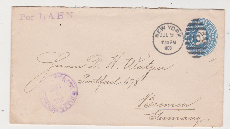 U.S.  Scott #U377 Used to Germany 5c Blue/White Postal Stationery  - Image 1 of 1