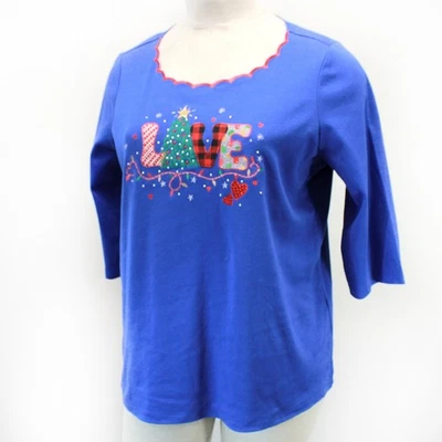 Quacker Factory Christmas LOVE 29Embroidered Swarovski Shirt Blouse Tunic Top 1X - Image 1 of 4
