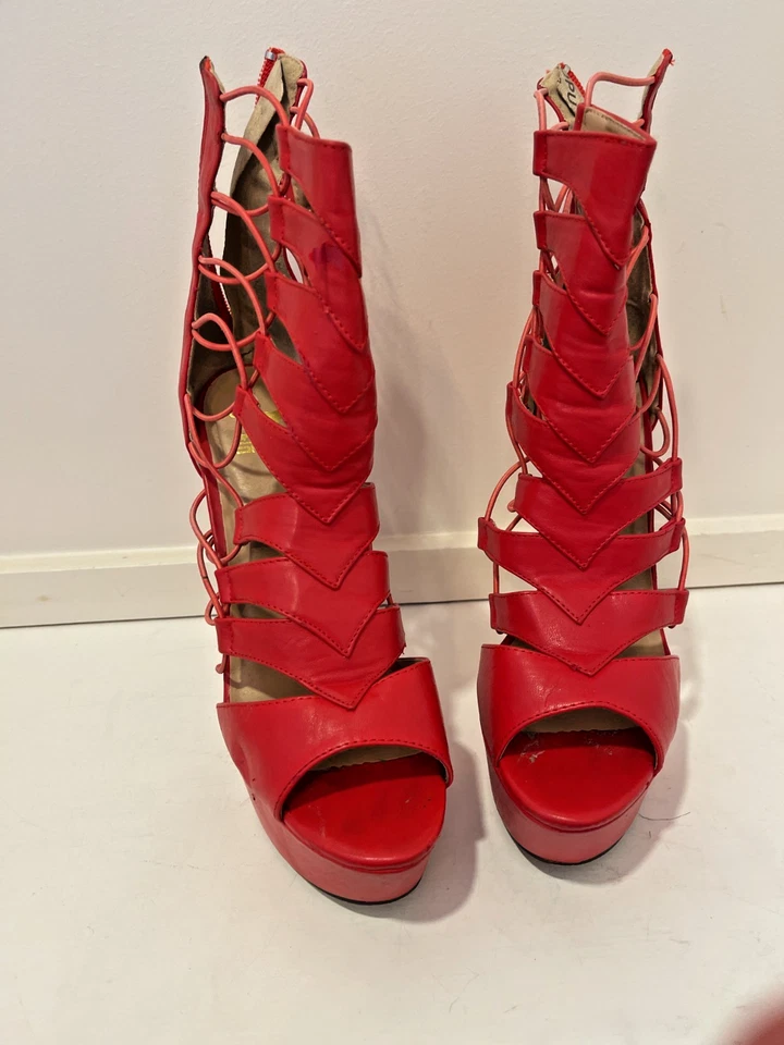 Red 6"Stiletto HEEL ankle strap 2" PLATFORM shoes WOMEN Size 8!/2 Shoes - Image 1 of 4