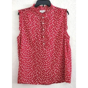 TOP/BLOUSE-TAHARI-Red-Cream Polka Dot-Sleeveless-Ruffled-Pullover-Size XL - Picture 1 of 11