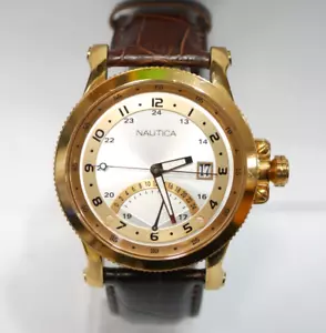 Nautica Herrenuhr A15554 goldfarben mit braunem Lederband - Bild 1 von 21