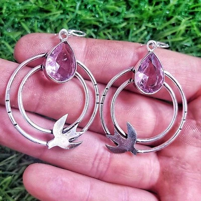 Pendientes de plata con zafiro rosa de plata de ley 925 hechos a mano con piedras preciosas Foto 1 de 3