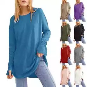 Women's Casual Long Sleeve Tops Crew Neck Round Hem Loose T-Shirts Tunic Tops - Picture 1 of 33