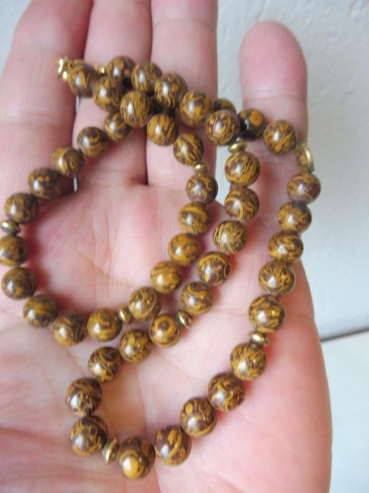 Bella Collana Marrone Mottled In Pietra - Sfere Con 925 Argento Placcato - Immagine 1 di 4