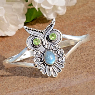 Labradorite & Peridot Cut Gemstone 925 Sterling Silver Beauty Style Cuff Bangle - Image 1 of 4