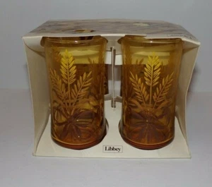 Libbey Bolero Set 4 Beverage Glasses 12oz Amber Glass Wheat Ribbon Pattern NOS - Picture 1 of 5