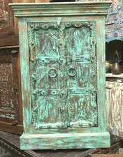 Distressed bLUE Rustic Wood Cabinet Hand-Carved Nightstand Chest Reclaimed 