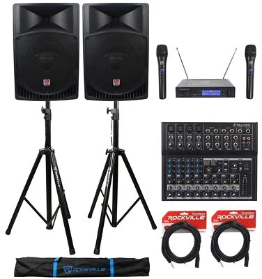 (2) Rockville RPG15 15" 2000w Active PA/DJ Speakers+Mixer+Mic+Stands+Cables+Bag - Image 1 of 4
