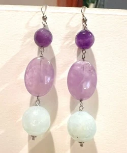 ORECCHINI PENDENTI VIOLA E VERDE (ARGENTO 925, AMETISTA e AGATA) - Foto 1 di 1