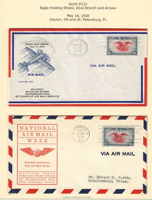 US Scott #C23 x2 First Day Covers  5-14-1938, Dayton OH & St Peterstburg FL F/VF - Image 1 of 2