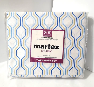 TWIN 3 Pc Geometric Sheet Set New Sealed Blue Gold Lines on White Martex Hexagon - Image 1 of 4