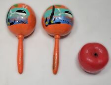 Vintage Pair of Authentic Mexican Hand Painted Gourd Maracas Whale Orange Blue