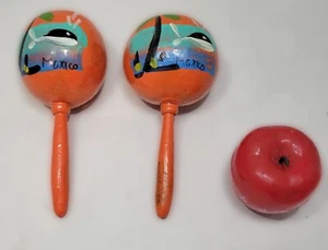 Vintage Pair of Authentic Mexican Hand Painted Gourd Maracas Whale Orange Blue - Picture 1 of 2