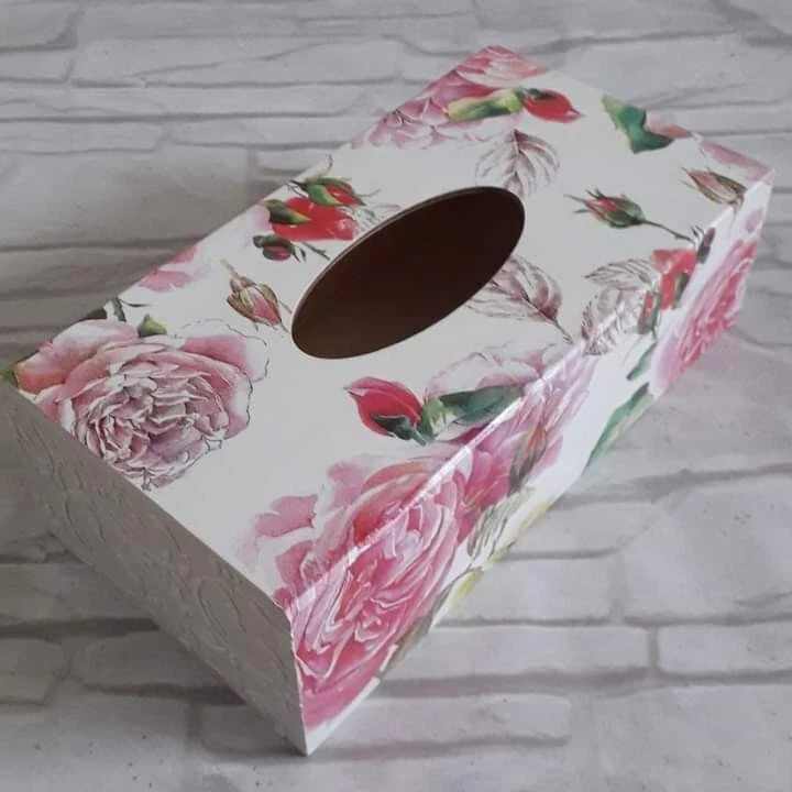 Roses Flowers Rectangular Long Tissue Box Cover Handcrafted wooden decoupaged - Image 1 of 1