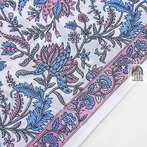10 Yard Indian Hand block Pink Blue Floral Fabric Running Cotton Craft By Fabric - Picture 1 of 6