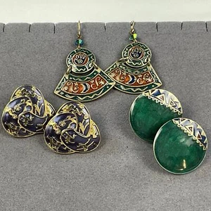 Set of 3 Edgar Barbari Enameled Statement Earrings Dangle Southwest Sports VTG - Picture 1 of 9