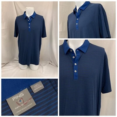 Ping Golf Shirt L Men Blue Stripe Polo Poly Tencel Stretch YGI P2-484 - Image 1 of 4