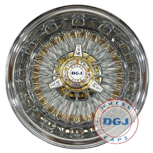 DGJ 14x7 Rev 72 Diamond Spks Gold NnHR + Engraved Knockoffs Lowrider Wire Wheels - Picture 1 of 7