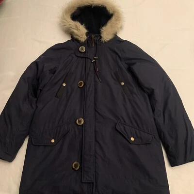 Parka para mujer J Crew talla pequeña abrigo con capucha de piel sintética azul marino aislado B4544 usado en excelente estado Foto 1 de 4