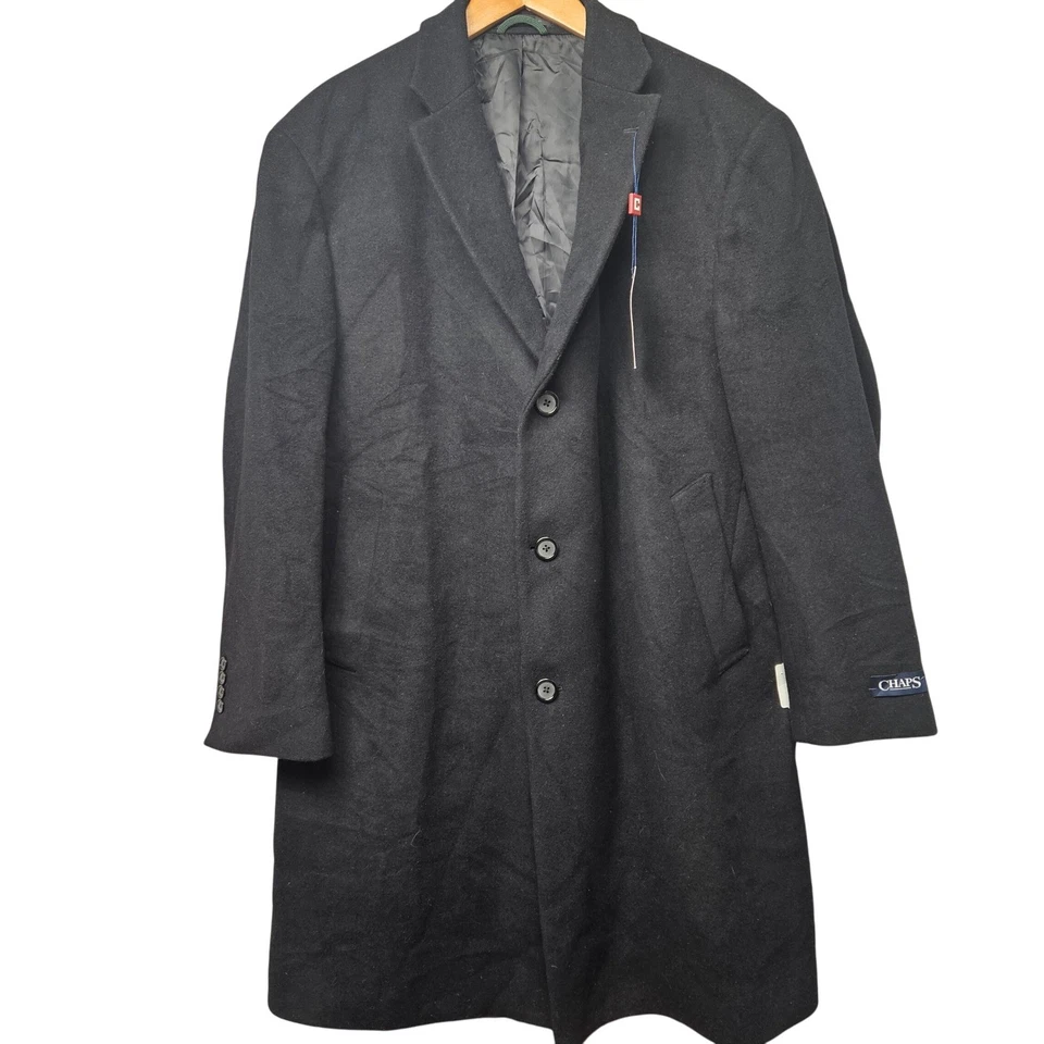 Chaps Mens Black Wool Blend Overcoat 46 Regular PGANO2SR0000 New With Tags - Image 1 of 4