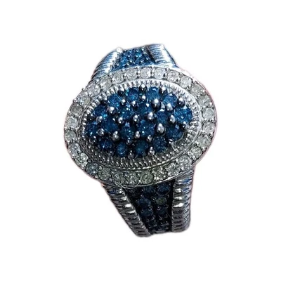 SJ 10K White gold Blue and White Lab Created Diamond Cluster Statement ring Sz 7 - Image 1 of 4