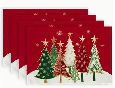 PLACEMATS-4pcs Christmas Placemats 18x12 Inches, Red with Beautiful Forest - Image 1 of 4