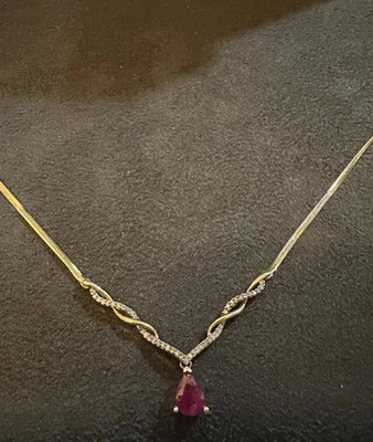 14K Solid Yellow Gold Ruby and Diamond Teardrop Line Necklace 16” - Image 1 of 4