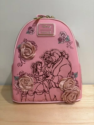 Mini Mochila Disney Loungefly Beauty and The Beast Rosa Rosas - Nova com etiquetas - Imagem 1 de 4