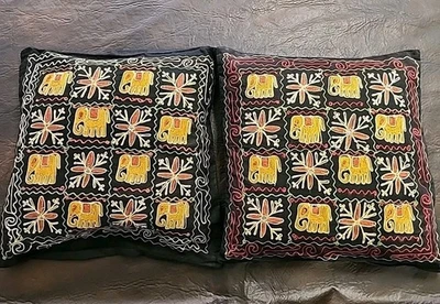 2 Vtg Boho Hand Embroidered Pillow Covers Hand Stitched Elephants Flowers - Image 1 of 4