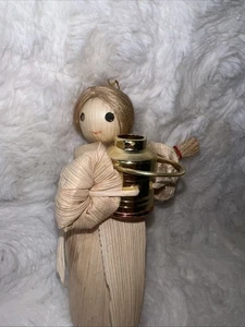 VTG Old Traditional Folk Handmade Corn Husk Doll 5” Farm Girl Holding Pail BRAID - Picture 1 of 9
