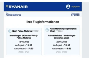 Flugticket Ryan Air Memmingen Mallorca - Bild 1 von 1
