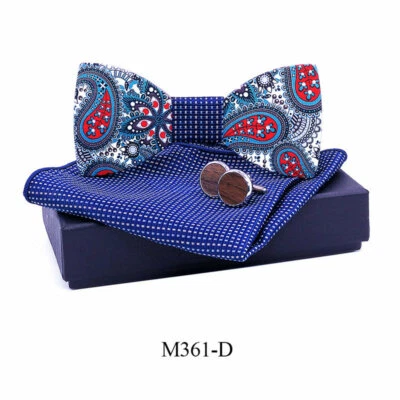 Nuevo juego de pajarita de madera con impresión colorida gemelos de tela cuadrados regalo Foto 1 de 4