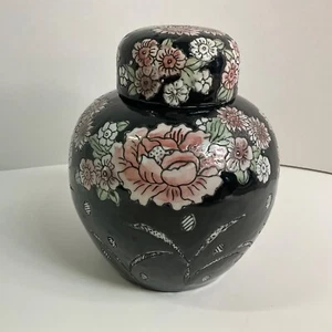 Vintage Porcelain Black and Floral Asian Ginger Jar with Dome Lift Off Lid 5.5”H - Picture 1 of 11