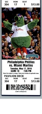 Miami Marlins vs Philadelphia Phillies 5/17/2016 Ticket  Phillie Phanatic Mascot - Image 1 of 2