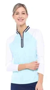 Neu mit Etikett Belyn Key Capri Aqua Navy Rosie Langarm angedeutetes Golfshirt S M L XL - Bild 1 von 2