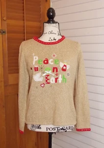 Vintage Womens Tiara International Christmas Sweater Peace on Earth Beaded Small - Imagen 1 de 4