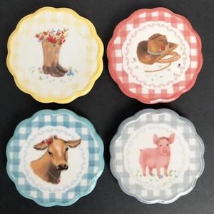 Pioneer Woman Gingham Coasters Set 4 New  Stoneware 4" Diameter Hard To Find NWT - Picture 1 of 6